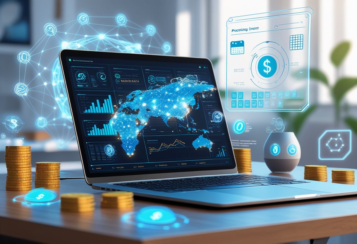 A modern workspace with a laptop showing AI data and charts, surrounded by symbols of passive income like coins and digital currency icons, with a holographic interface displaying automated workflows above the desk.