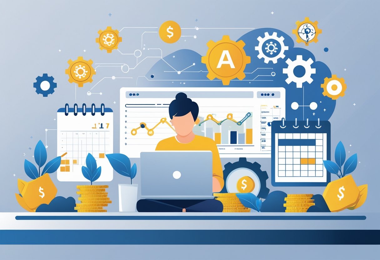 A person working on a laptop at a desk with icons of AI technology and symbols of growing income around them, showing careful planning and strategy.