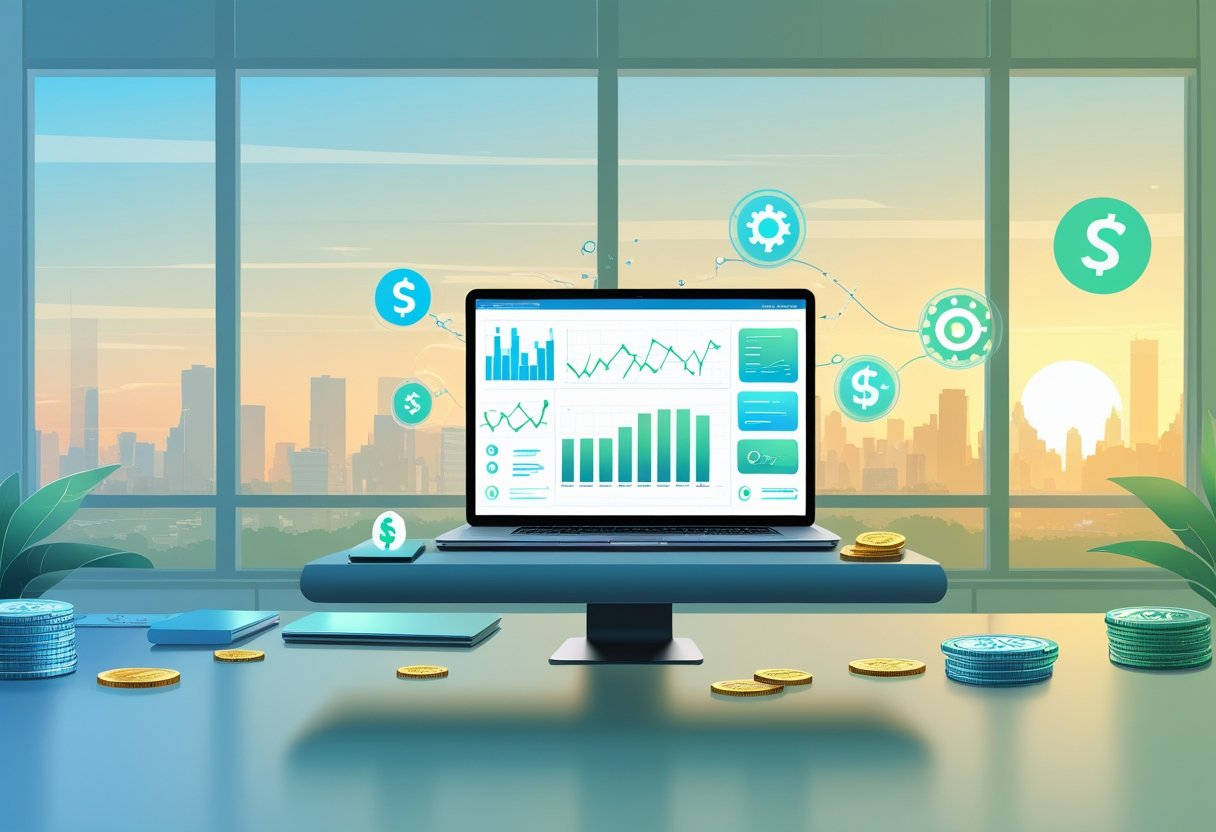 A modern workspace with a laptop showing AI graphs, surrounded by symbols of money and digital currency, set against a cityscape at sunrise.