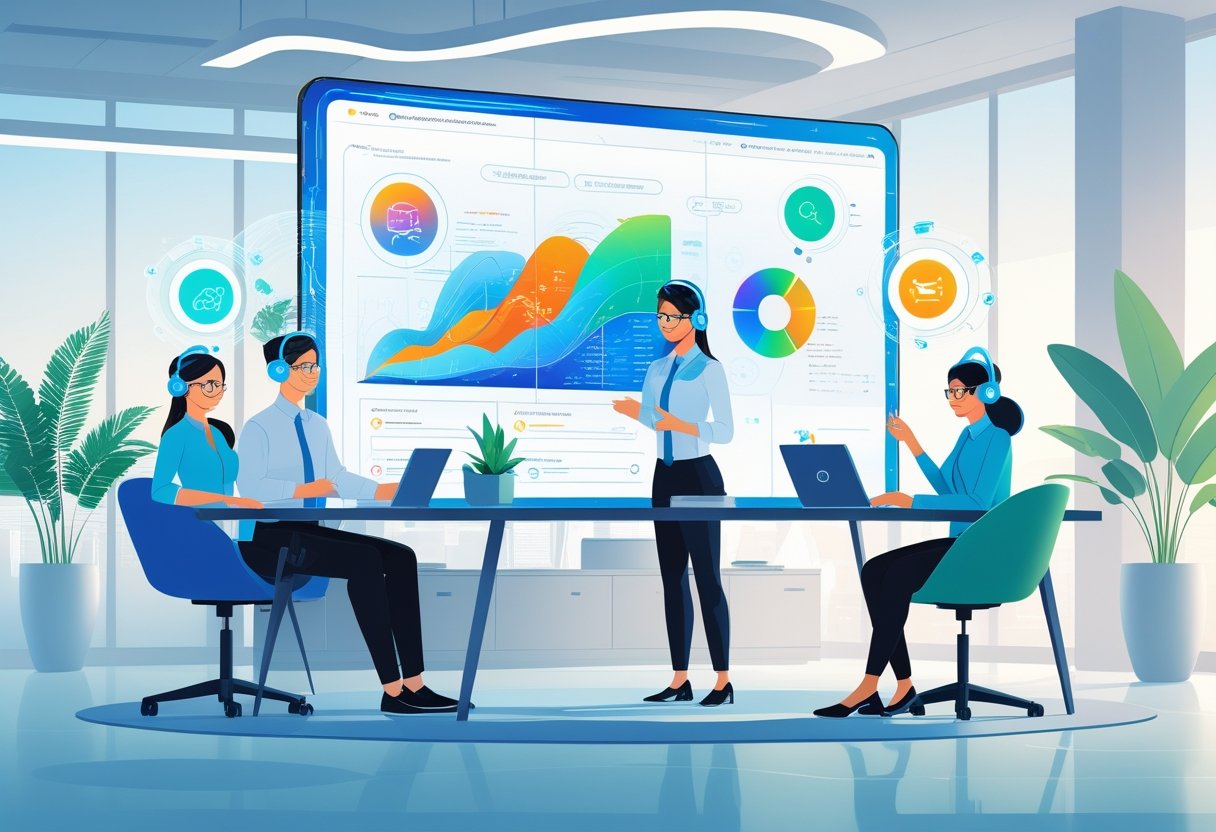 Customer service representatives using AI technology with digital screens showing data and suggestions in a modern office.