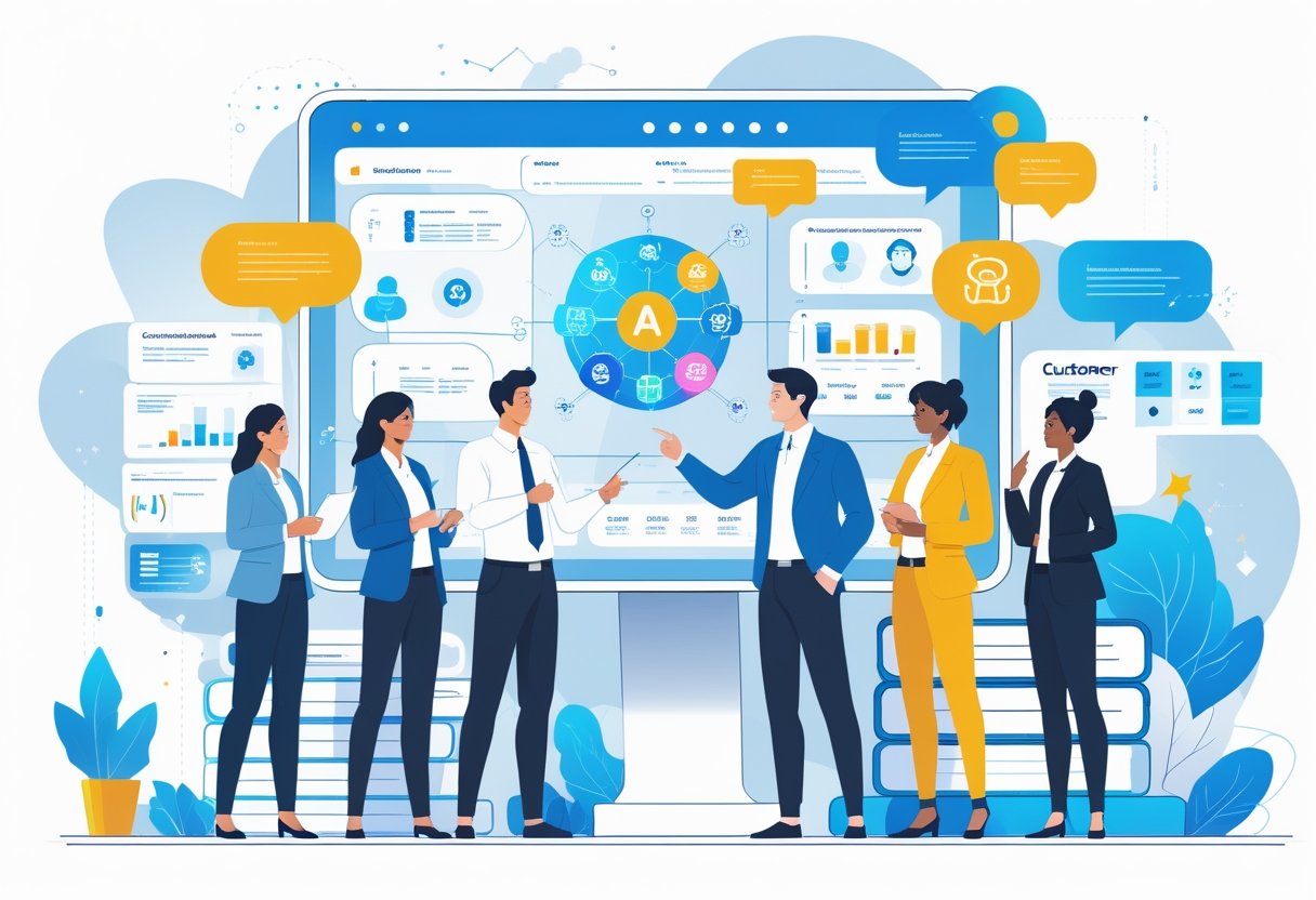 A group of professionals in an office collaborating around a digital screen displaying AI-related icons and data to improve customer experience.