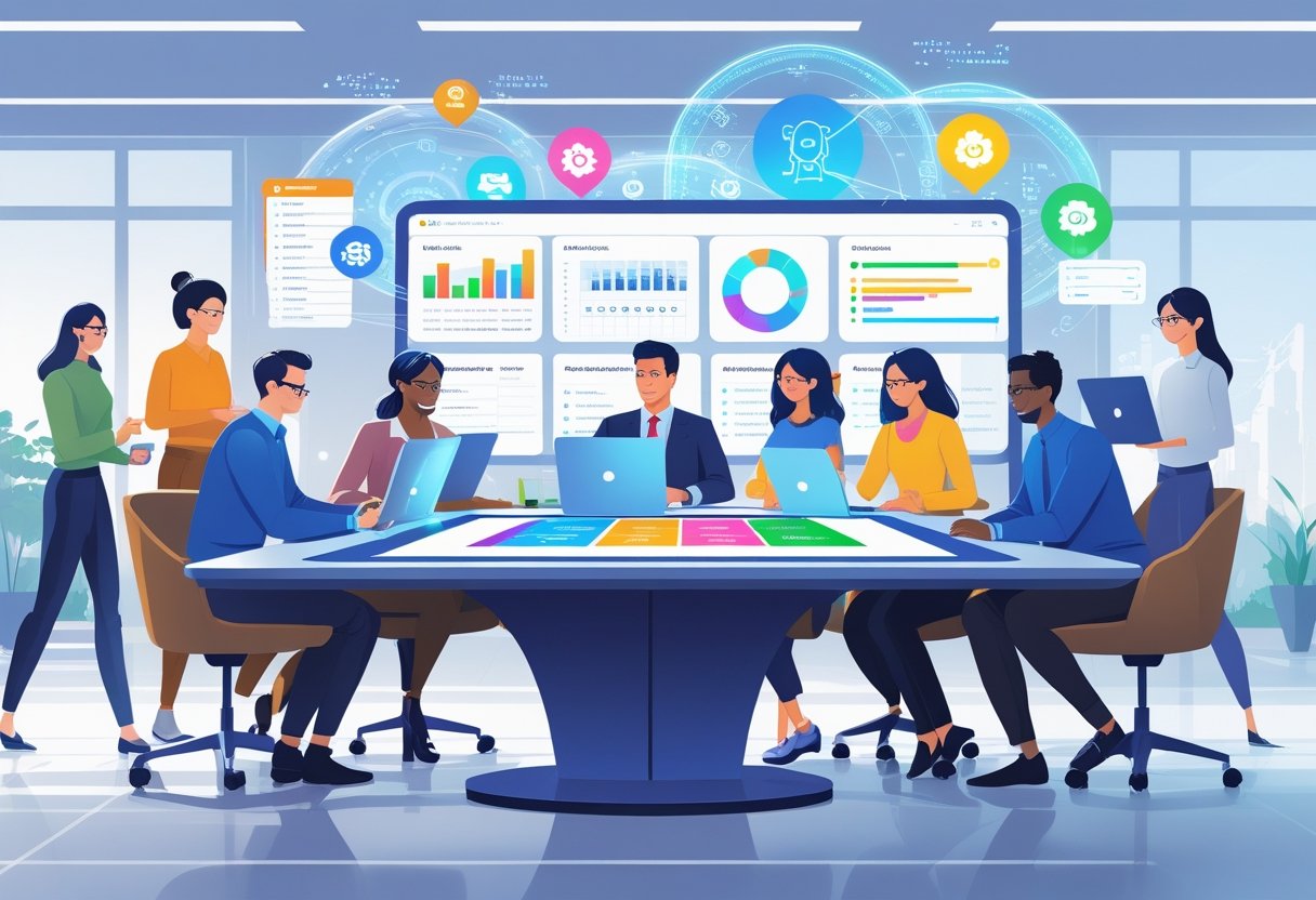 A group of people working together around a digital table with holographic AI icons and data streams in a modern office.