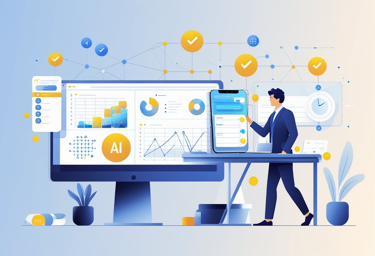A person working at a desk using a tablet and computer with digital task management interfaces and AI symbols around them.
