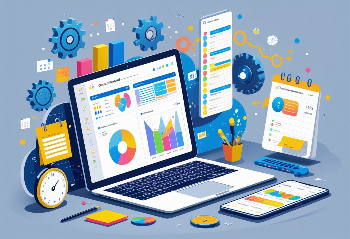 A workspace with a laptop showing a digital dashboard, surrounded by a calendar, clock, sticky notes, and a smartphone, with abstract AI-related elements in the background.
