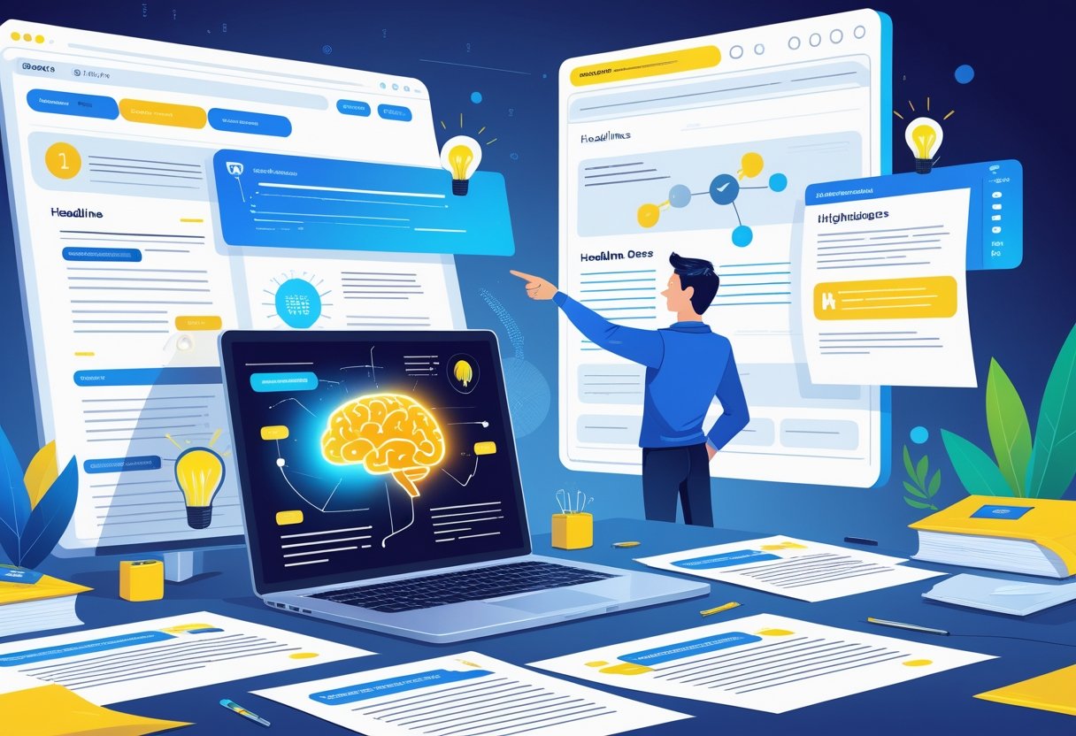 A person working at a desk with a laptop showing an AI brain icon, surrounded by papers with headline drafts and a digital screen displaying abstract data in the background.