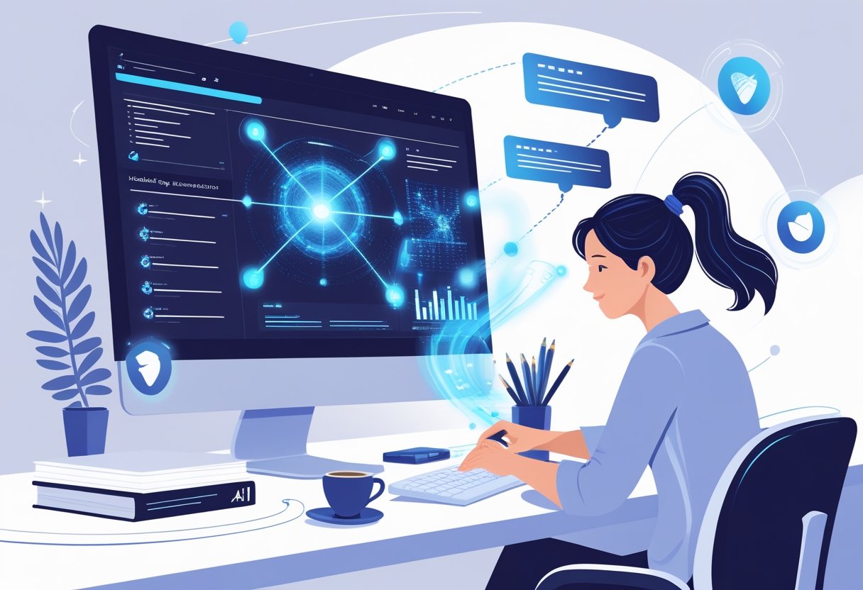 A person working at a desk with a computer displaying AI-related visuals, surrounded by writing tools and floating icons representing headline writing and creativity.