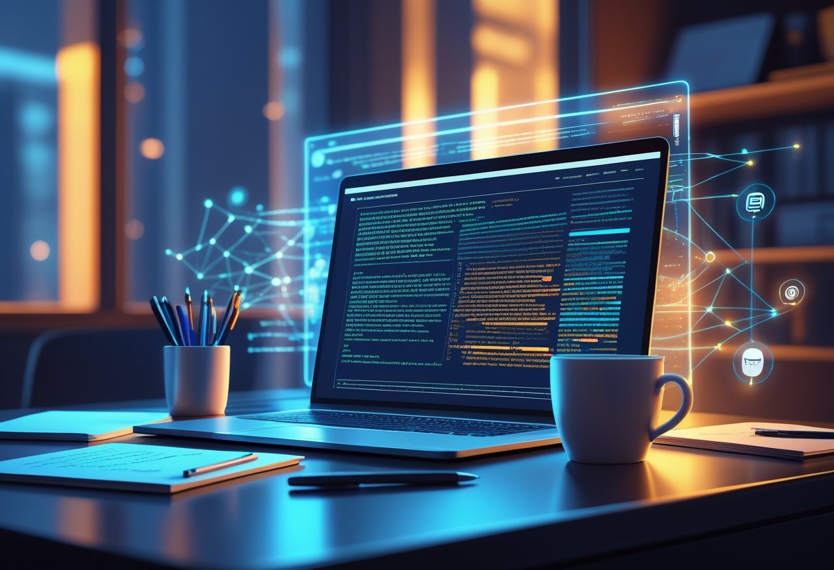 A workspace with a laptop, notes, and a coffee cup, showing a digital AI interface in the background to represent writing better headlines with AI.