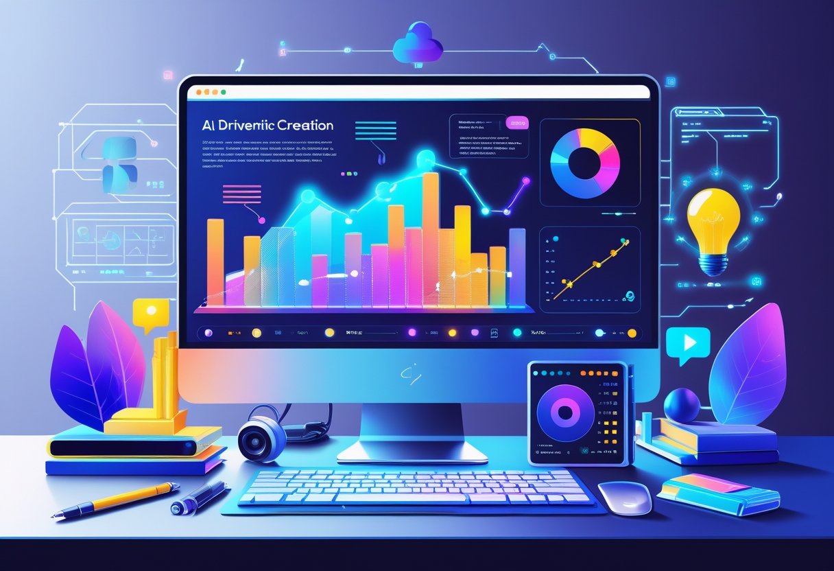 A futuristic workspace with a computer generating content surrounded by icons representing writing, audio, video, and ideas, with holographic data streams in the background.