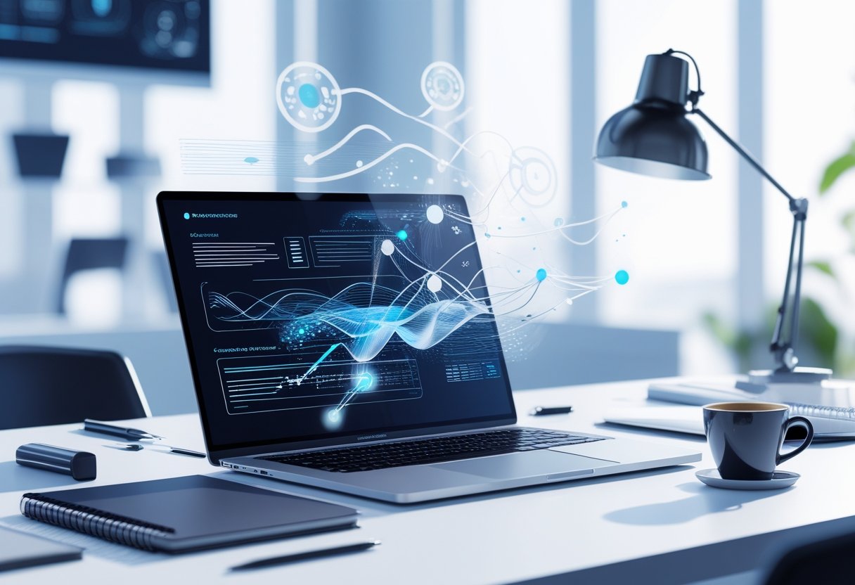 A modern workspace with a laptop showing digital content graphics, surrounded by creative tools and floating holographic elements representing AI technology.