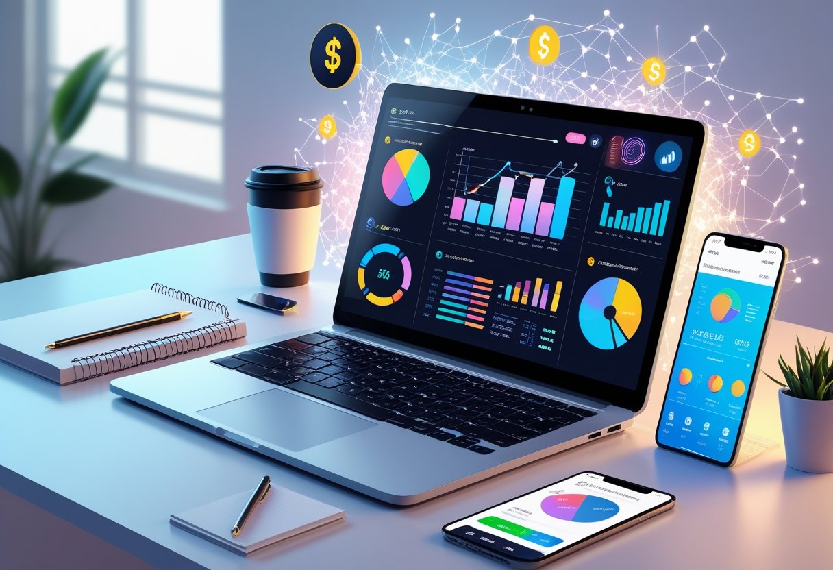 A workspace with a laptop and smartphone showing financial charts and data, surrounded by digital elements representing AI and technology.