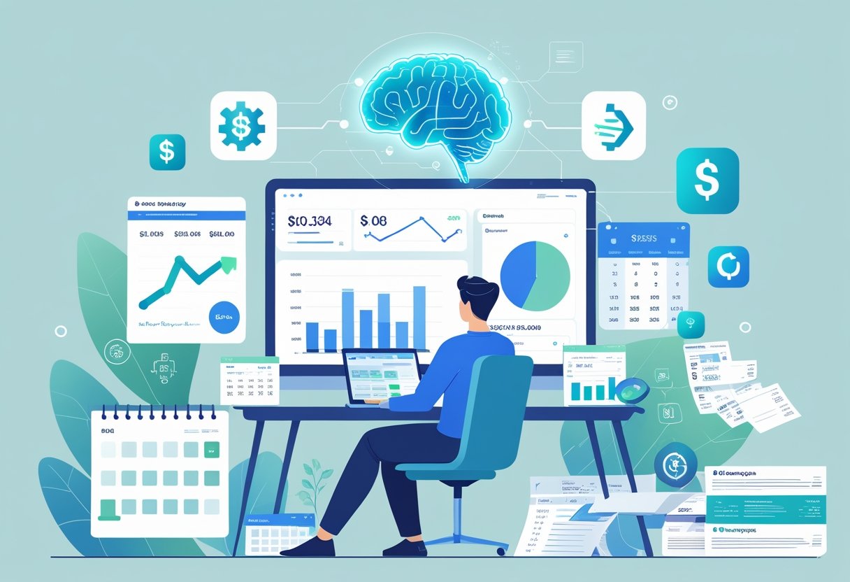A person using a laptop and smartphone showing financial graphs and charts, surrounded by digital icons representing AI and automated expense tracking.