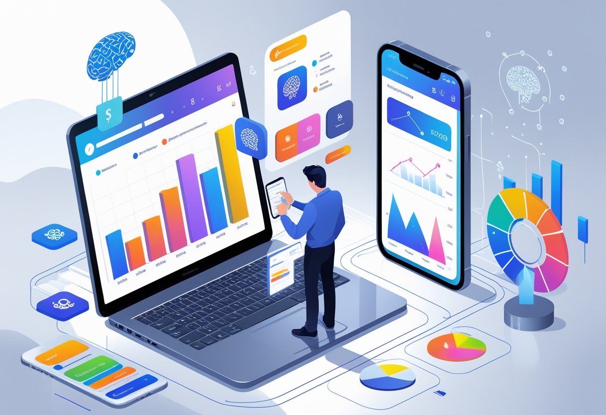 A person at a desk using a laptop and smartphone displaying financial charts and AI technology icons around them.