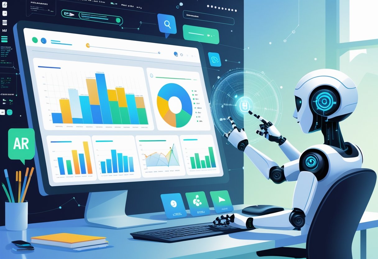 A workspace with a computer showing website performance data and an AI robot analysing the information.