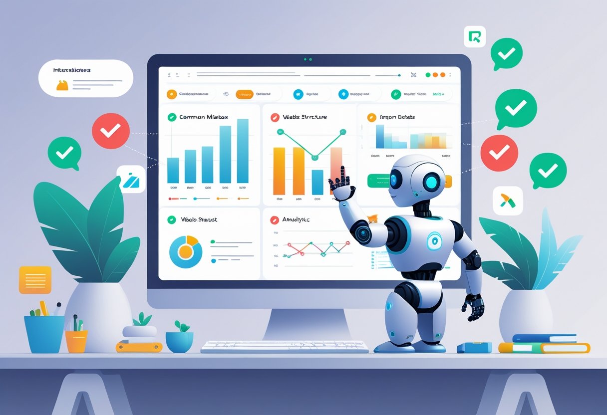 A workspace with a computer screen showing SEO data and an AI assistant highlighting errors and improvements on the website analysis.