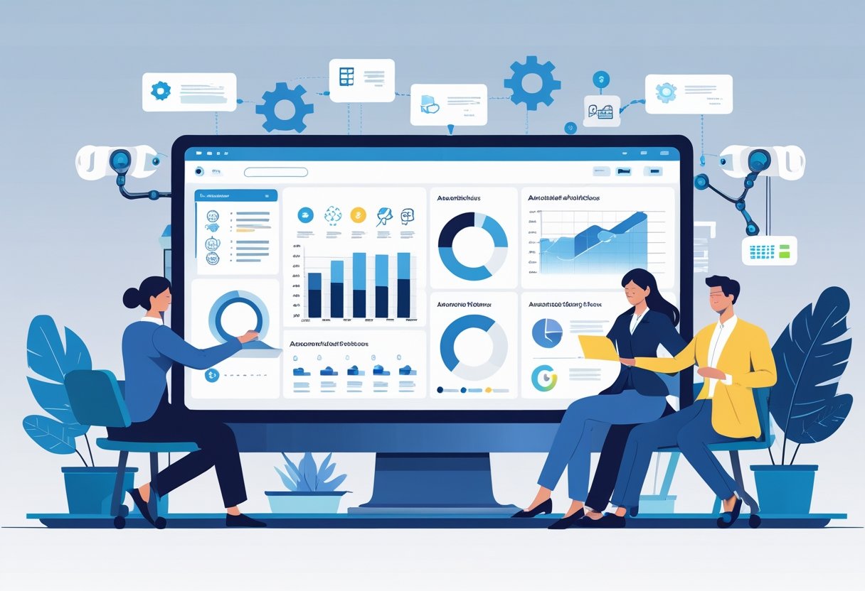 An office scene showing people using a computer with icons representing automated tasks like calendars and checklists, illustrating AI helping with administrative work.