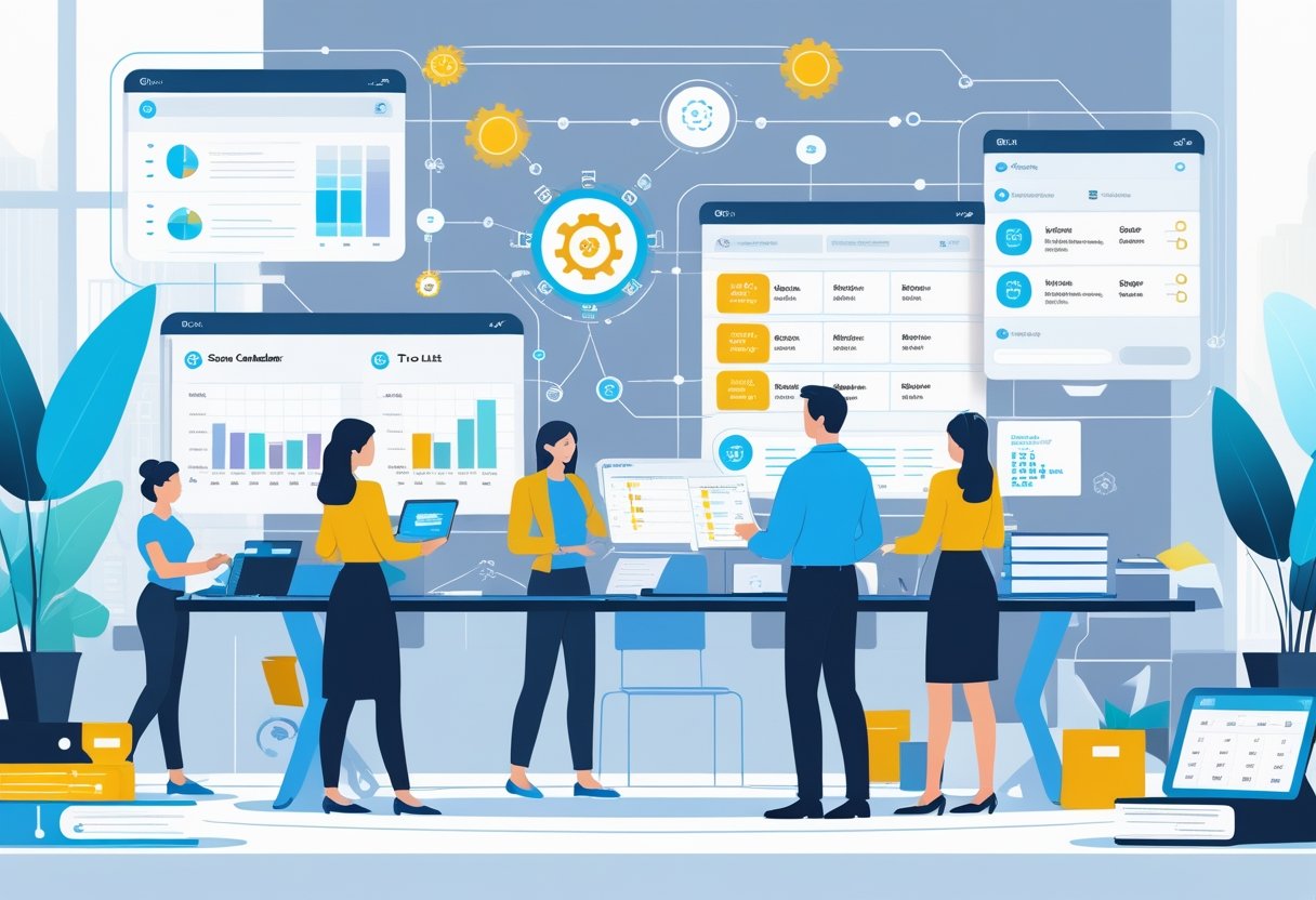 Office workers using AI technology to automate administrative tasks with digital screens and a helpful AI assistant in a bright, organised workspace.