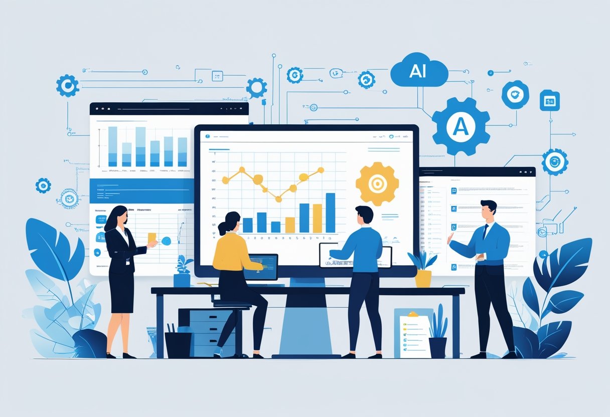 Office workers using a computer with AI icons like a robot, gears, and checklists around, showing automation of administrative tasks.