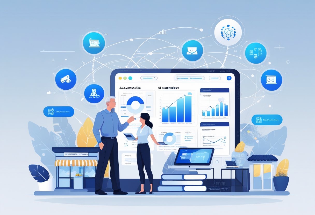 A local business owner using a digital interface showing charts and automation workflows, with nearby small businesses connected by glowing lines representing AI integration.