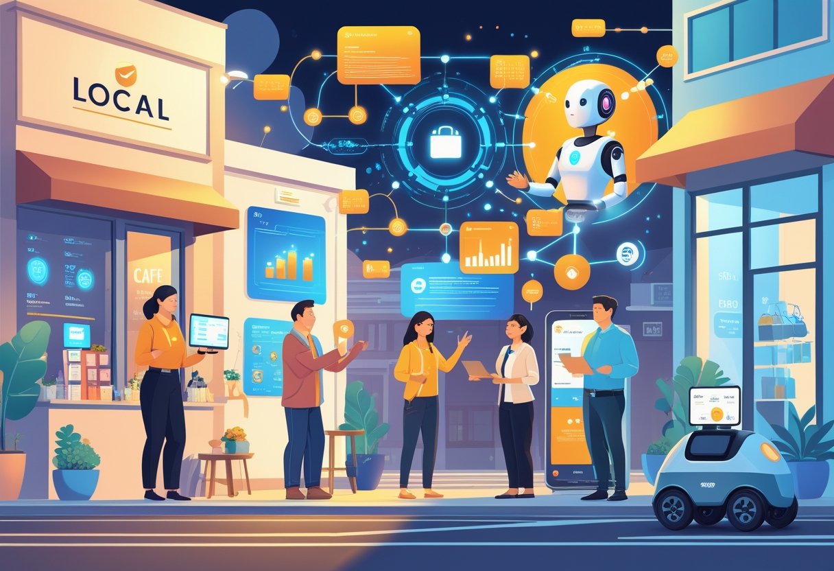 Local business owners using AI-powered devices and digital interfaces in a small town street, showing technology helping their businesses grow.