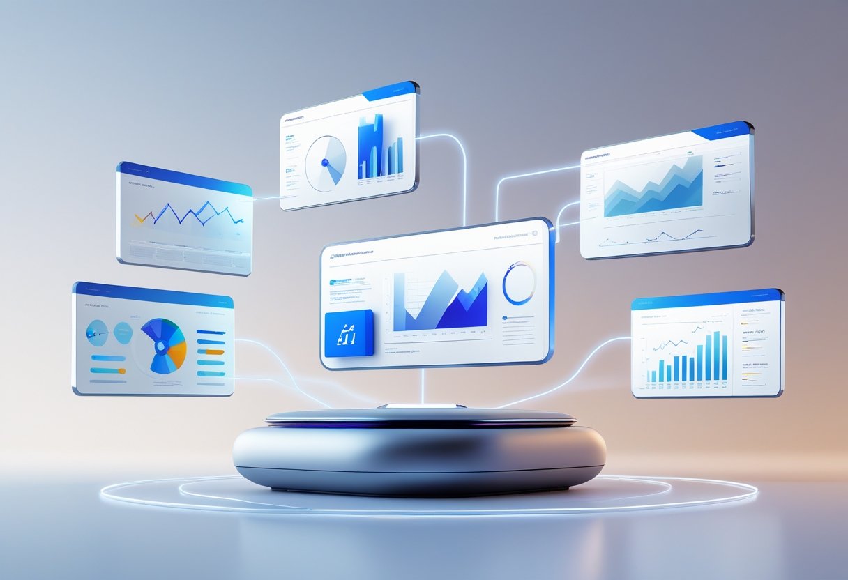 A modern workspace with floating digital screens showing graphs and charts connected to a central futuristic device, representing fast AI report generation.