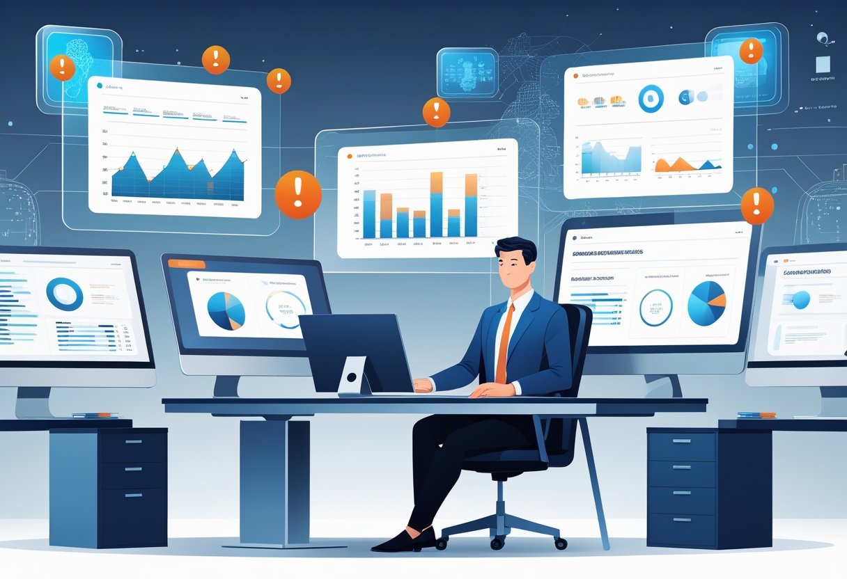 A business professional working at a desk with multiple floating digital screens showing charts and warning icons, representing the use of AI tools for report generation and common mistakes to avoid.