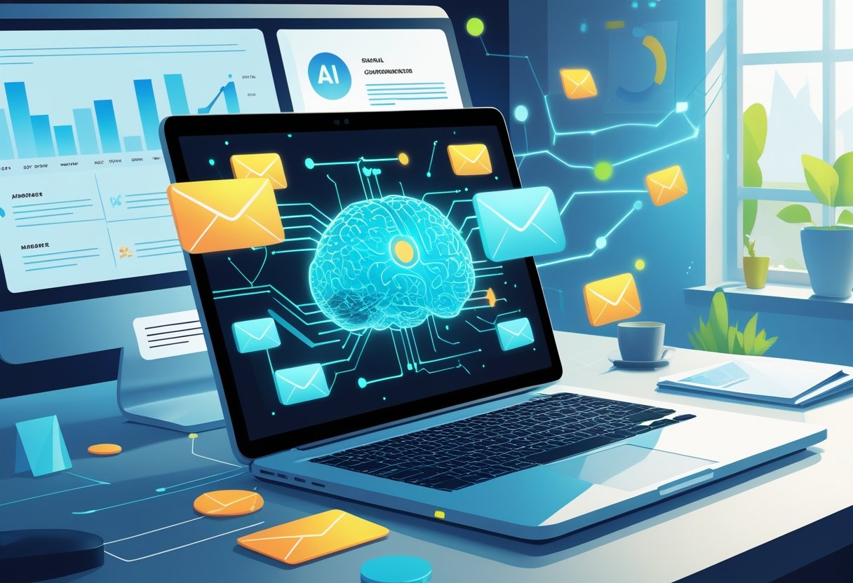 A modern desk with a laptop showing abstract AI elements, surrounded by floating email icons and charts representing email communication and performance.