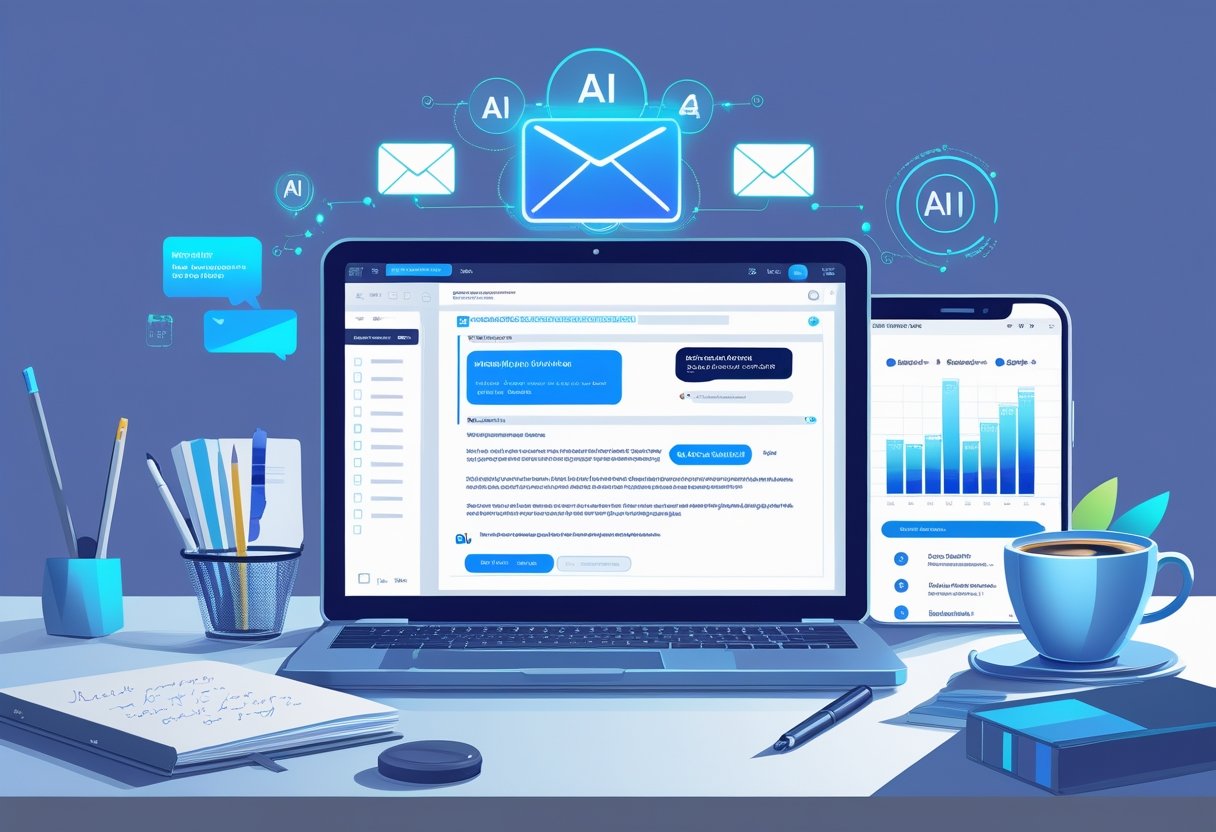 A modern workspace with a laptop displaying an email editor, surrounded by a notebook, smartphone with graphs, and a coffee cup, with holographic icons representing AI and data floating in the background.