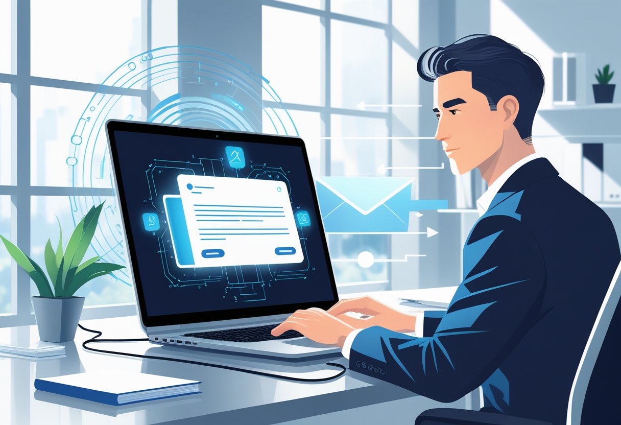 A business professional working at a laptop in an office, surrounded by abstract digital elements representing AI technology.